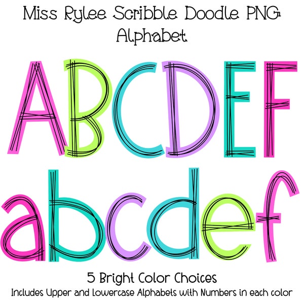 Blunt Edge Scribble Doodle Letters Bright Colors PNG Bundle Alphabet Sublimation Set Designs PNG Uppercase & Lowercase Hand Drawn alpha pack