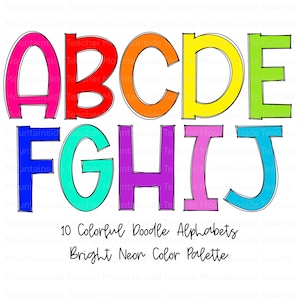 Letras de bloco, alfabeto de Doodle brilhante, pacote PNG, sublimação de Doodle, designs de conjuntos alfa, clipart PNG, pacote alfa desenhado à mão, fonte PNG