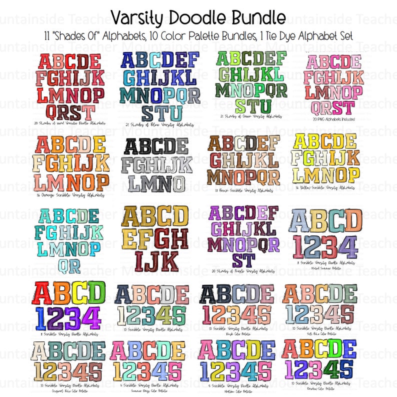 May include: A set of 18 digital clip art images featuring varsity-style alphabet and number designs. The designs are in various colors, including blue, green, orange, purple, red, and yellow. The designs are in a hand-drawn style and have a vintage feel.