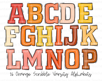 Orange Doodle Varsity Alphabet: Hand-Drawn PNG Set (Digital Download)