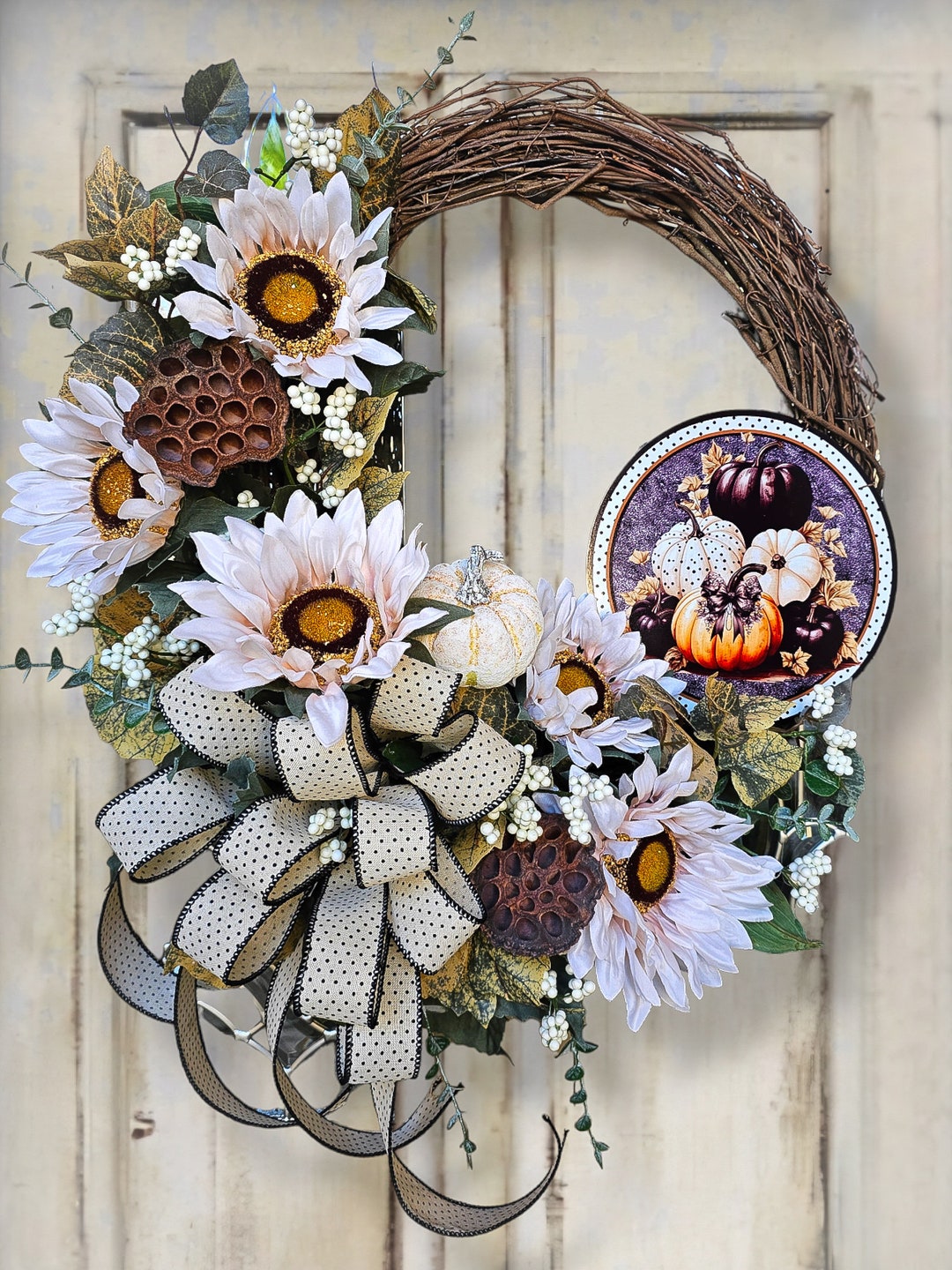 Sunflower Grapevine Wreath – Fall Wired Ribbon Bow, Front Door Decor - Etsy