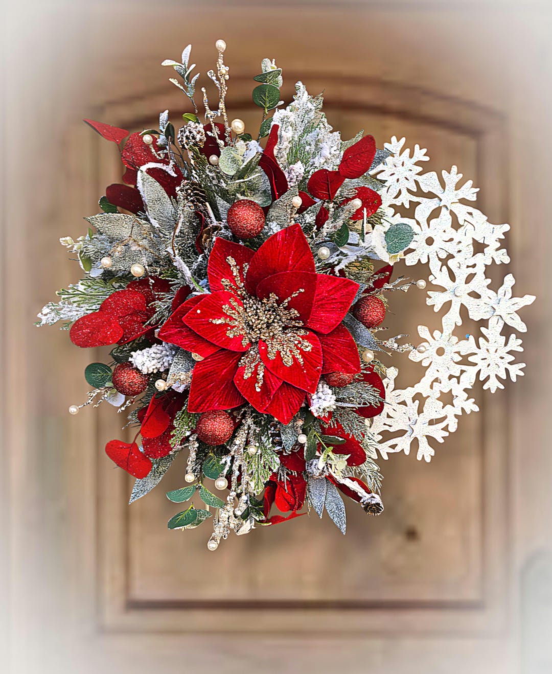 Red Poinsettia Christmas Wreath for Front Door, Red and White Winter ...