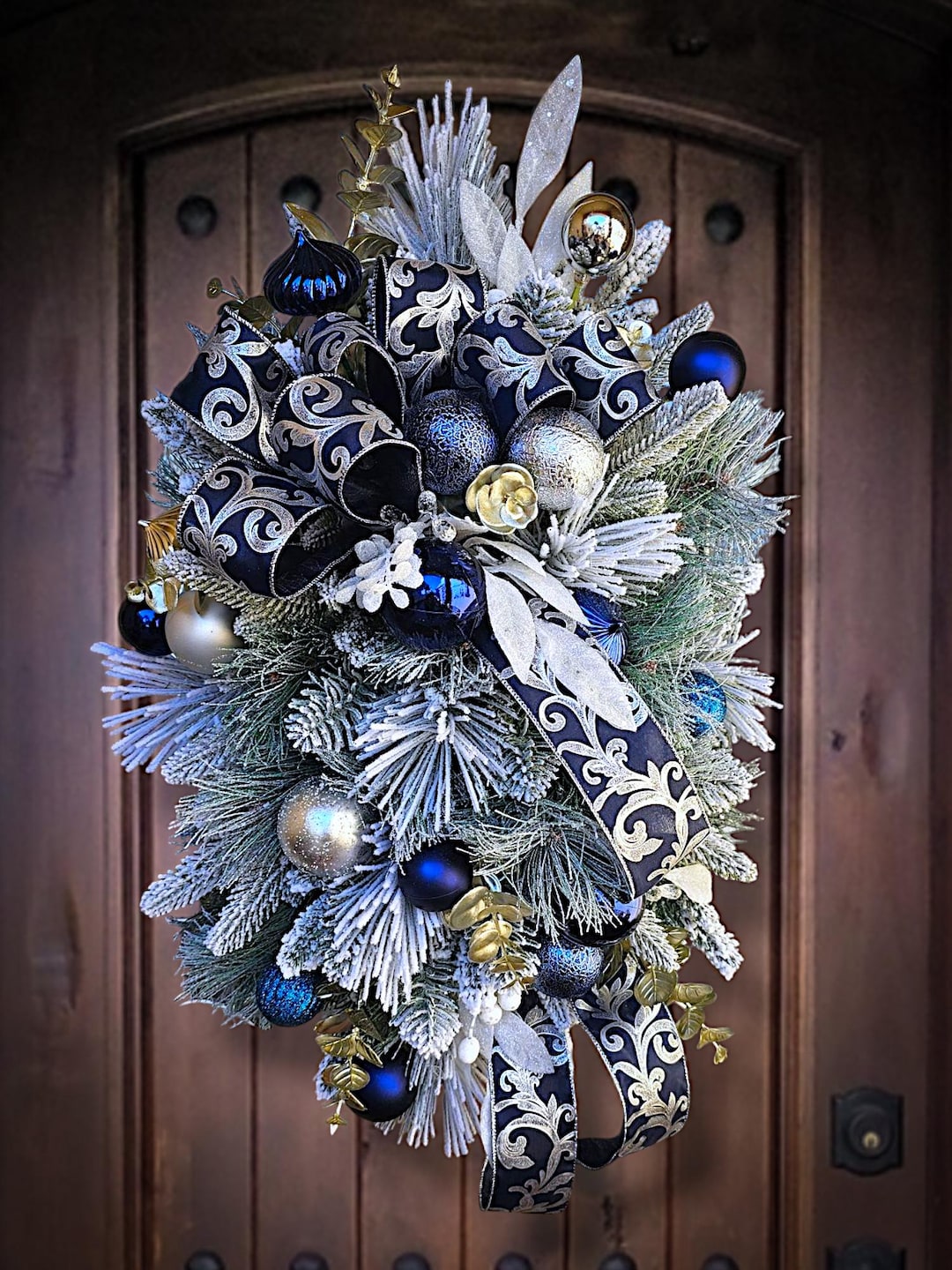 Chic Blue and Silver Winter Swag for Front Door, Ornament Wreath ...