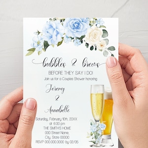 Bubbles & Brews Blue Floral Couples Shower Invitation (Edit with Corjl) MW1003-206