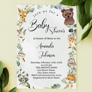 Woodland Animals Baby Shower Invitation, Greenery Forest Digital Invite (Edit with Corjl) MB2002-402