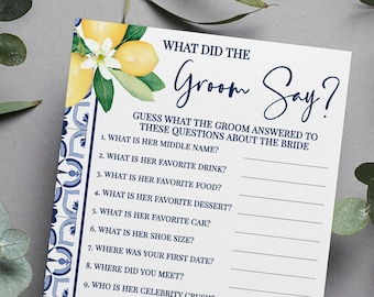 Juego de despedida de soltera con limones mediterráneos: ¿Qué dijo el novio? (Listo para imprimir) 13WG-211