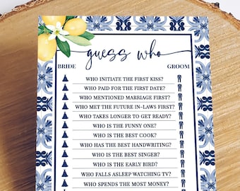 Blue Mediterranean Lemon Bridal Shower Game: Guess Who (Printable Digital Download) 05WG-211