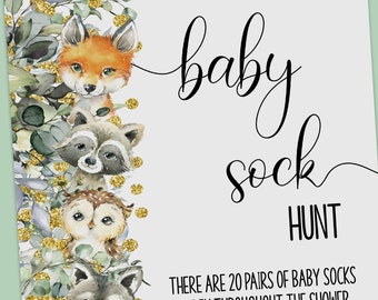 Woodland Forest Animals Baby Sock Hunt Game: Baby Shower Activity (Ready to Print) 58BG-402