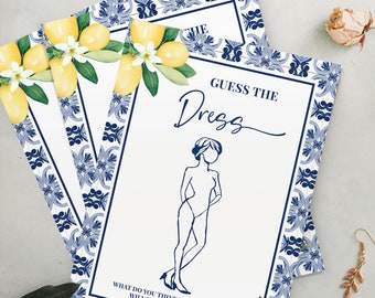 May include: Printable game cards with a blue and white tile pattern and a lemon illustration. The cards feature a silhouette of a person and the text "Guess the Dress".