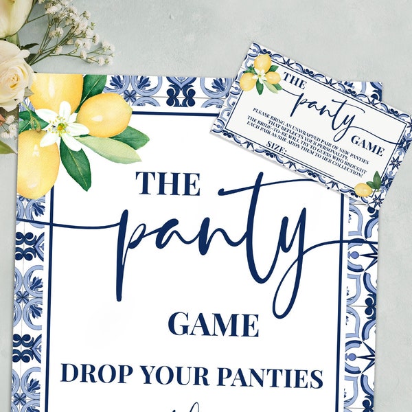 Il gioco Panty Bridal Shower, Porta una mutandina per la sposa Blue Mediterranean Lemons Wedding Shower Pronto per la stampa Nessun gioco modificabile 66WG-211