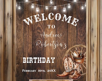Western Rustic Cowboy Birthday Welcome Sign, Edit with Canva Party Decor SP1003-301