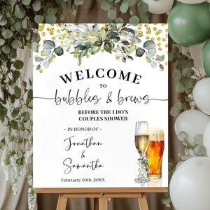 Znak powitalny „Bubbles & Brews Greenery Eucalyptus Couples Shower” (edytuj za pomocą Canva) CSW1003-213