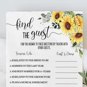 Sunflower Country Chic Bridal Shower Game: Find The Guest (Printable Instant Download) 04WG-203