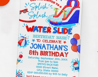 Patriotic Waterslide Birthday Invitation, Red, White, and Blue Summer Water Bash (Edit with Canva) CP1018-903