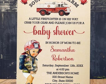 Zaproszenie na baby shower dla strażaka, cyfrowe zaproszenie w kształcie wozu strażackiego (edytuj za pomocą Canva) CB1004-503