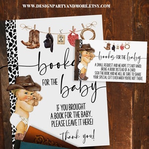 Un cow-boy apporte des livres pour bébé au lieu d'un jeu de cartes, fête de naissance cowboy chic cow-boy country western, prêt à imprimer sans jeu modifiable 28BG-502