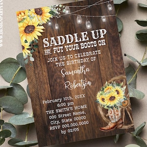 Invitación de cumpleaños rústica con girasoles y botas, editable digitalmente (con Canva) CP1004-302