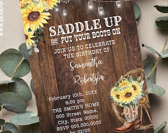 Invito di compleanno rustico western con stivali di girasoli, invito digitale modificabile in stile country (modifica con Canva) CP1004-302