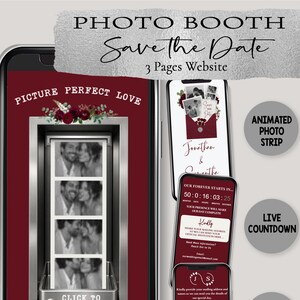 Op de afbeelding: Een digitale 3-pagina trouwwebsite-sjabloon weergegeven op mobiele schermen. Het ontwerp heeft een dieprode achtergrond met bloemaccenten, een fotohokje-afbeelding met fotostrip, een geanimeerde fotostrip, een live countdown en een formulier.