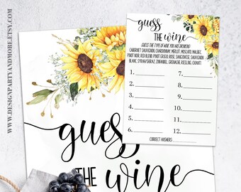 May include: A printable wine tasting game with sunflowers and a white background. The game includes a list of 12 wines to guess and a space to write down the correct answers. The text on the game says "Guess the Wine".