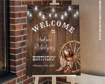 Western Welcome Sign Country Birthday Party, Rustic Wood Country Boots Cowboy Editable Digital Portrait Sign You edit with Corjl SBP103-301