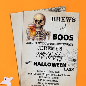 Invitación de fiesta de cumpleaños de Brews and Boos, invitación digital editable de cumpleaños de Skull Beer and Boos Spooktacular. Edita con Corjl P011-700