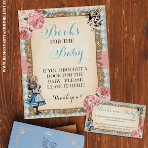 Apporte des livres pour bébé au lieu d'un jeu de cartes, une fête prénatale Alice au pays des merveilles, une fête prénatale pour le goûter prête à imprimer, aucun jeu modifiable 28BG-1500
