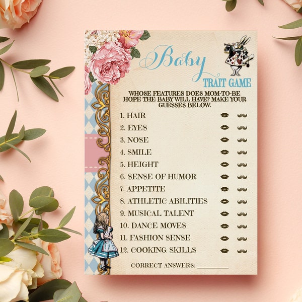 Baby Traits Baby Shower Game, Alice in Wonderland Baby Shower, Tea Party Baby Shower, Ready to Print No Editable Game Template 34BG-1500