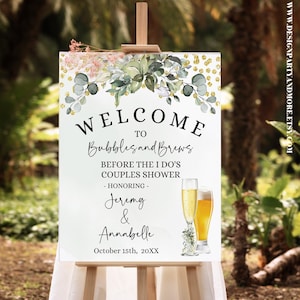 Bem-vindo Eucalipto Bolhas e Cervejas Placa de Chá de Casal Chá de Casamento Verde Ouro Chá de Casamento País Placa de Chá de Noiva Editar com Corjl SW03-213
