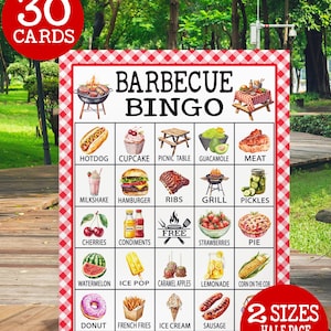 May include: A red and white checkered BBQ Bingo game card with illustrations of barbecue-themed items like hotdogs, hamburgers, and watermelon. The card includes the text "BARBECUE BINGO" and "30 CARDS".