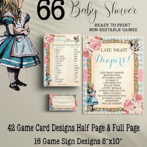 May include: A collection of printable baby shower game cards and signs featuring Alice in Wonderland illustrations, pink roses, and blue diamond patterns. The text includes 66 Baby Shower, Late Night Diapers, and various game lists with 8-inch by 10-inch signs.