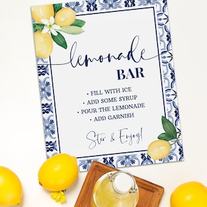 May include: A white sign with a blue floral border and the words "lemonade BAR" in elegant script. Instructions include "Fill with ice," "Add some syrup," and "Pour the lemonade." Fresh lemons and a glass bottle of lemonade are also shown.