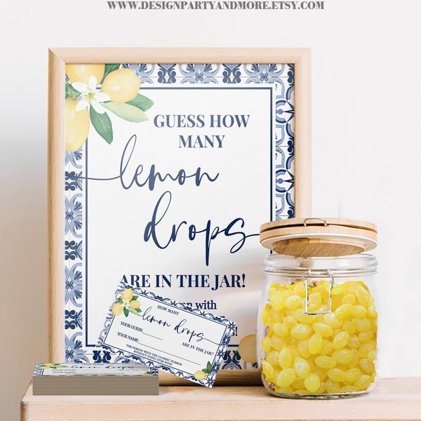 How many Lemons Drops Bridal Shower Game, Blue Mediterranean Lemons Bridal Shower Wedding Game, Ready to Print No Editable Game 31cWG-211