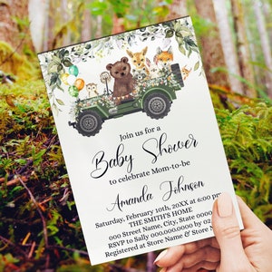 Greenery Forest Baby Shower Invitation Woodland Baby Wild Animals Instant Download Drive by Invite You edit with Corjl MB2001-402