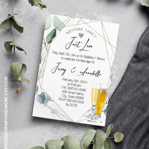Greenery Elopement Invitation, Bubbles & Brews Nothing Fancy Just Love (Edit with Corjl) W04-210