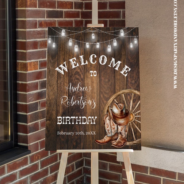 Western Welcome Sign Country Birthday Party, Rustic Wood Country Boots Cowboy Editable Digital Portrait Sign You edit with Corjl SBP103-301