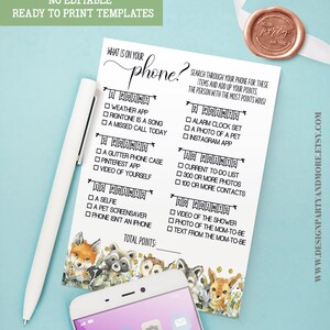 Woodland Forest Animals Baby Shower Game: What&#39;s On Your Phone (Ready to Print)  13BG-402