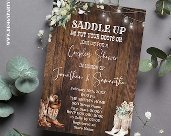 Cowboy Boots Rustic Western Couples Shower Invitation, Digital Invite (Edit with Canva) CW1002-311