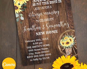 Sunflowers Housewarming Invitation, Rustic Western New Home Digital Invite (Edit with Canva) CP1009-302