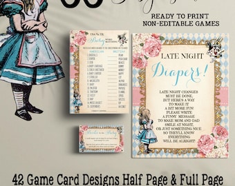 May include: A collection of printable baby shower game cards and signs featuring Alice in Wonderland illustrations, pink roses, and blue diamond patterns. The text includes 66 Baby Shower, Late Night Diapers, and various game lists with 8-inch by 10-inch signs.
