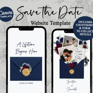 May include: A digital wedding invitation template displayed on two smartphones. The design features navy blue envelopes with floral accents, gold wax seals, and the text "Save the Date." One phone displays "A Lifetime Begins Here."