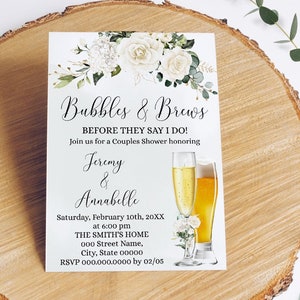 White Floral Bubbles & Brews Couples Shower Invitation (Corjl Edit) W03-205