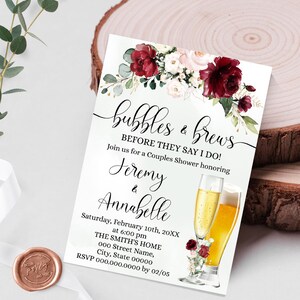 Marsala Floral Bubbles & Brews Couples Wedding Shower Invitation (Edit with Corjl) W03-201
