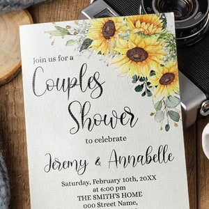 Faire-part de douche pour couples tournesol, invitation numérique Western Bridal Shower (modifiable avec Corjl) W02-203