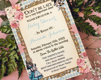 Invito per baby shower a tema Alice nel Paese delle Meraviglie, invito digitale modificabile (modificabile con Canva) CB1002-1500