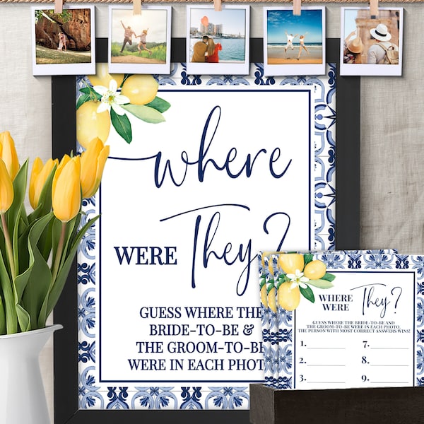 Where were They Bridal Shower Game, Blue Mediterranean Lemons Bridal Wedding Shower Game, Ready to Print No Editable Game Template 21WG-211
