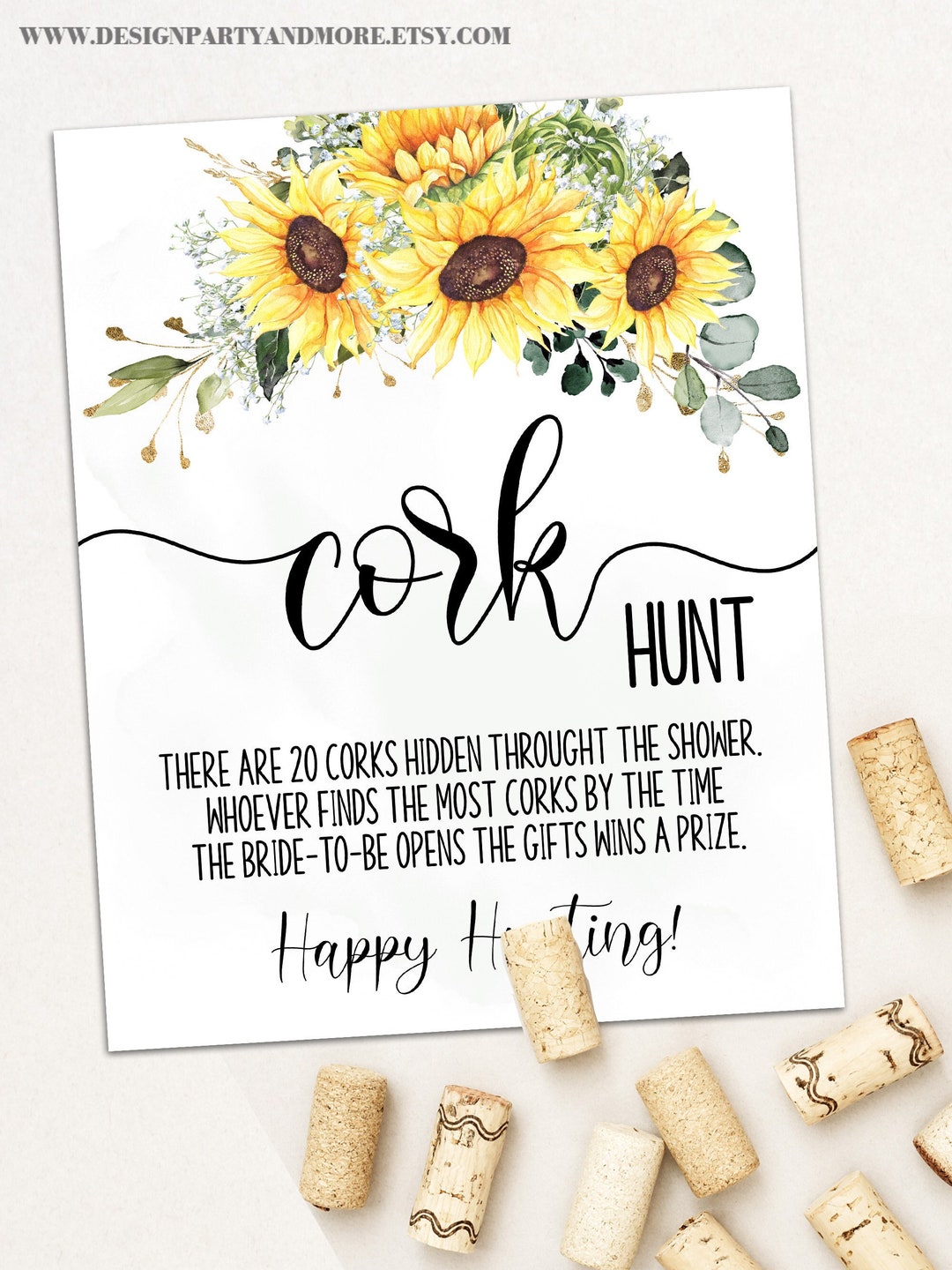 Cork Hunt Bridal Shower, Find the Corks Game, Sunflowers Greenery ...