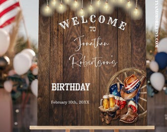 Western Patriotic Cowboy Boots Welcome Birthday Party Sign (Edit with Canva Template) SB1020-310