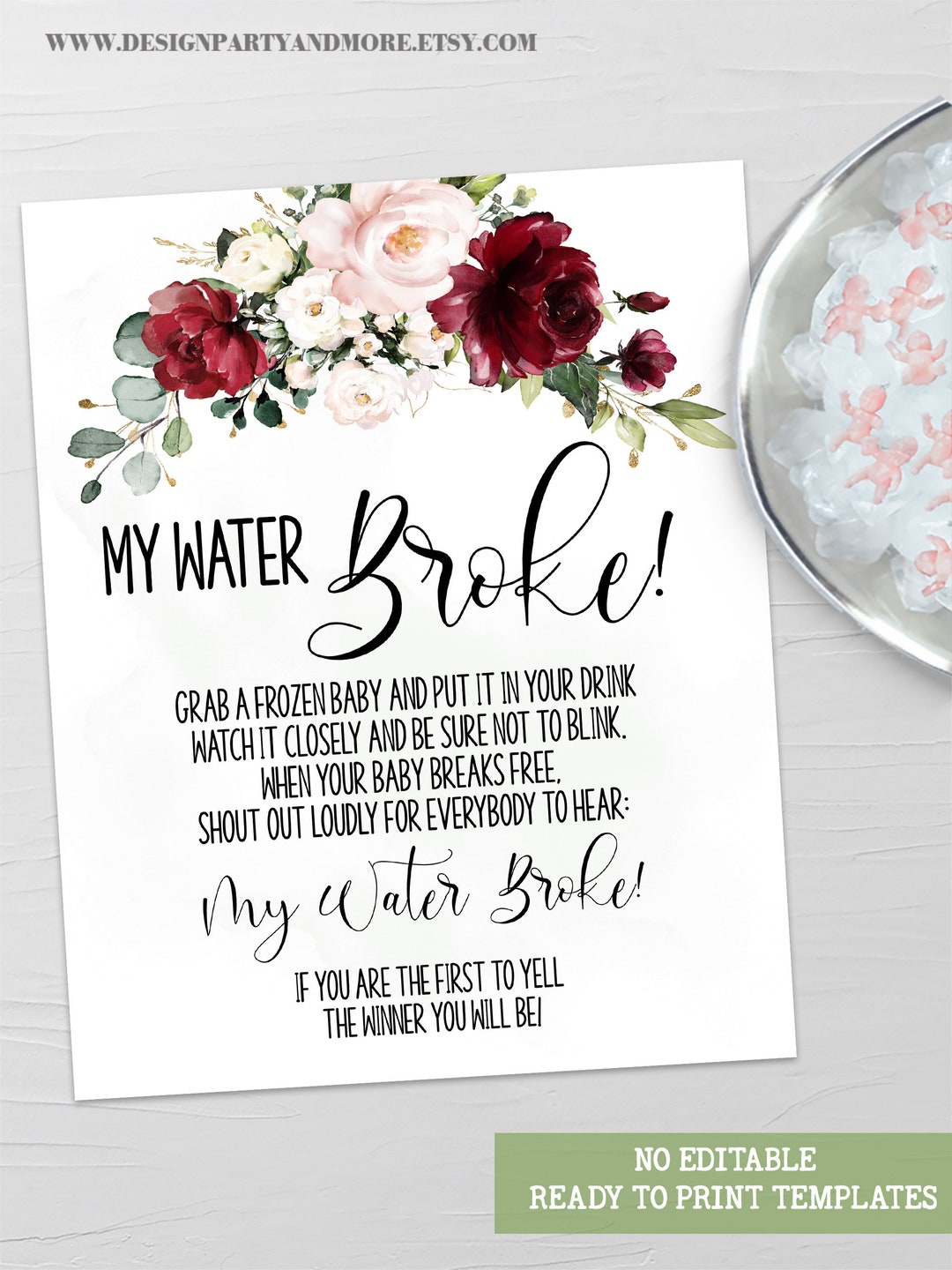 My Water Broke Game. Marsala Baby Shower Game, Put an Ice Baby in Your ...