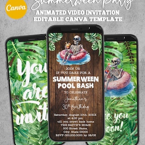 May include: Three smartphones displaying a Summerween Party animated video invitation template. The screens feature a skeleton in sunglasses floating in a pink inner tube on water, set against a dark wood background with tropical green leaves.